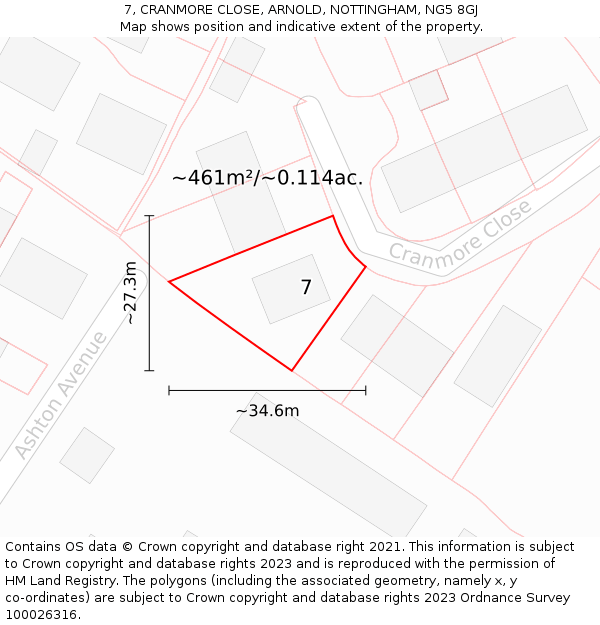 7, CRANMORE CLOSE, ARNOLD, NOTTINGHAM, NG5 8GJ: Plot and title map