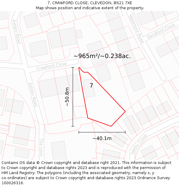 7, CRAWFORD CLOSE, CLEVEDON, BS21 7XE: Plot and title map