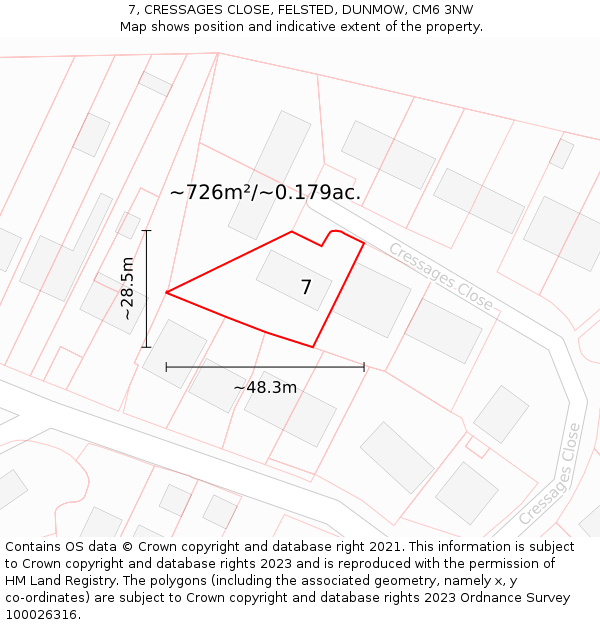 7, CRESSAGES CLOSE, FELSTED, DUNMOW, CM6 3NW: Plot and title map