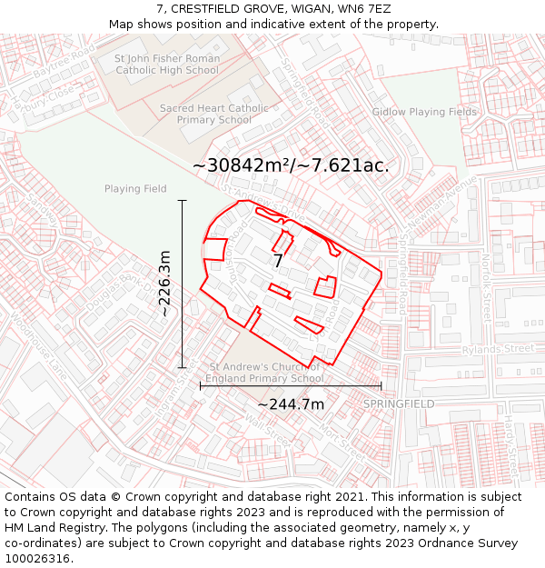 7, CRESTFIELD GROVE, WIGAN, WN6 7EZ: Plot and title map