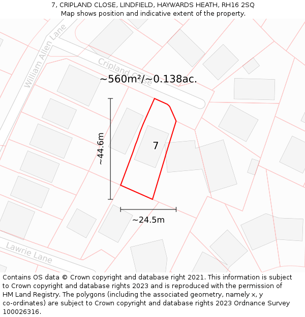 7, CRIPLAND CLOSE, LINDFIELD, HAYWARDS HEATH, RH16 2SQ: Plot and title map