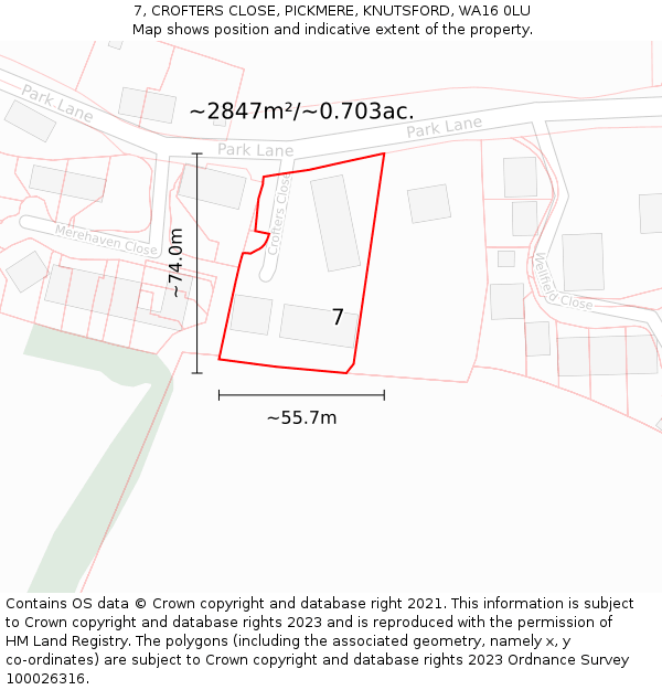 7, CROFTERS CLOSE, PICKMERE, KNUTSFORD, WA16 0LU: Plot and title map