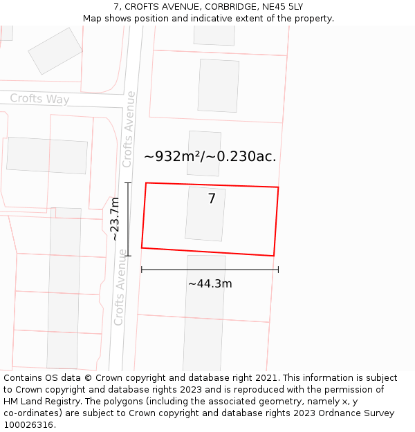 7, CROFTS AVENUE, CORBRIDGE, NE45 5LY: Plot and title map