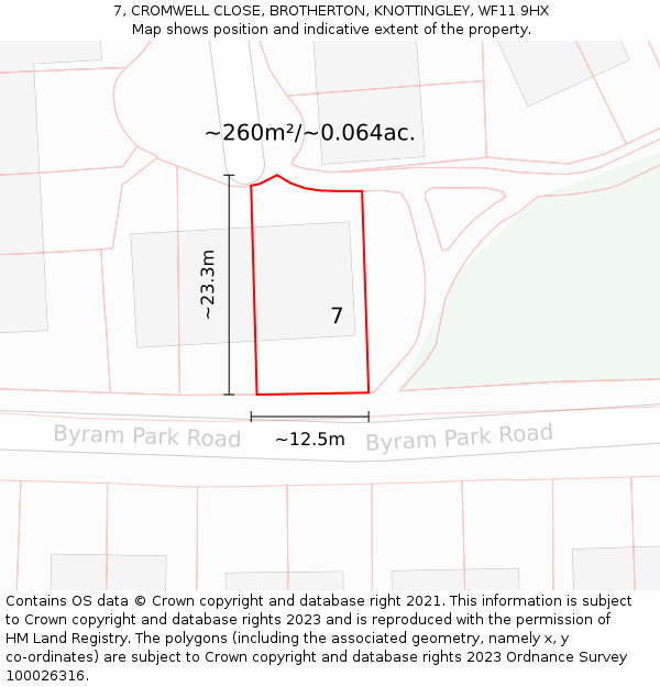 7, CROMWELL CLOSE, BROTHERTON, KNOTTINGLEY, WF11 9HX: Plot and title map