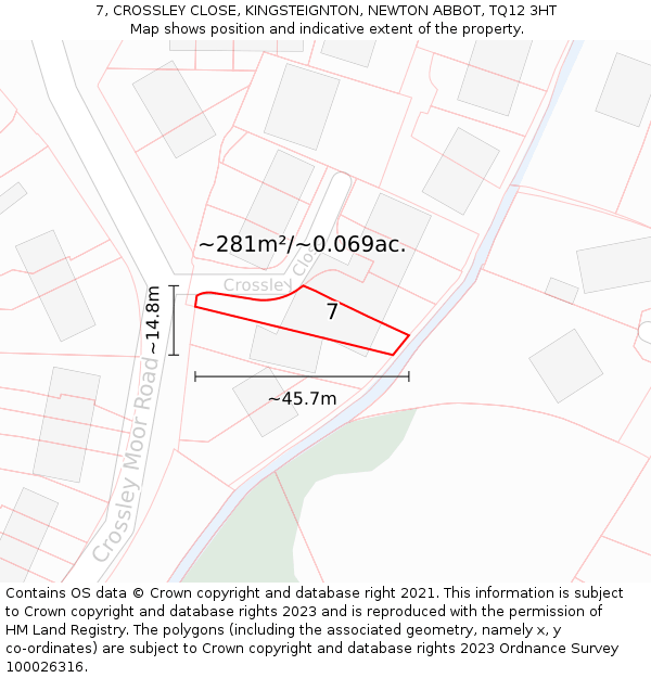 7, CROSSLEY CLOSE, KINGSTEIGNTON, NEWTON ABBOT, TQ12 3HT: Plot and title map