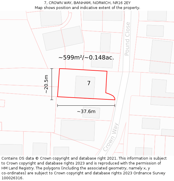 7, CROWN WAY, BANHAM, NORWICH, NR16 2EY: Plot and title map