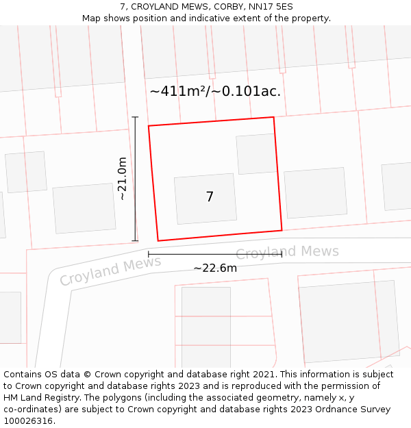 7, CROYLAND MEWS, CORBY, NN17 5ES: Plot and title map