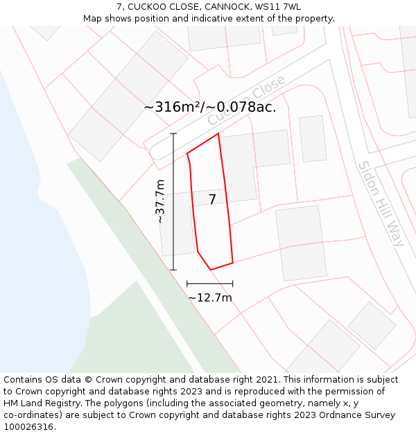 7, CUCKOO CLOSE, CANNOCK, WS11 7WL: Plot and title map