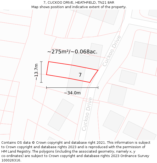 7, CUCKOO DRIVE, HEATHFIELD, TN21 8AR: Plot and title map