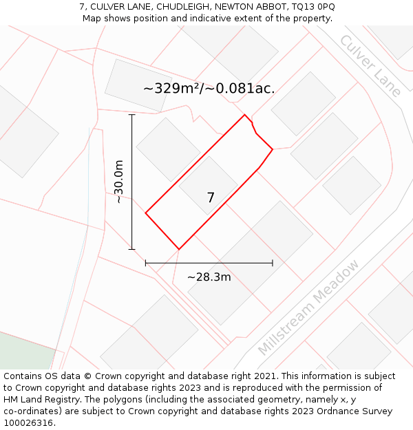 7, CULVER LANE, CHUDLEIGH, NEWTON ABBOT, TQ13 0PQ: Plot and title map