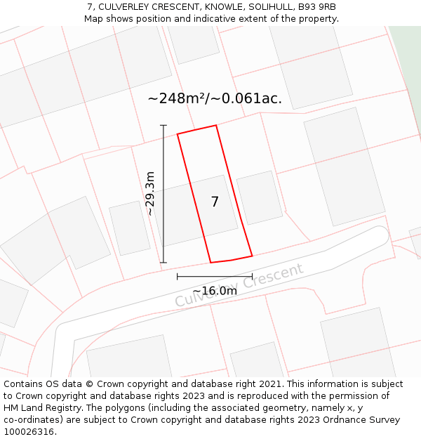 7, CULVERLEY CRESCENT, KNOWLE, SOLIHULL, B93 9RB: Plot and title map