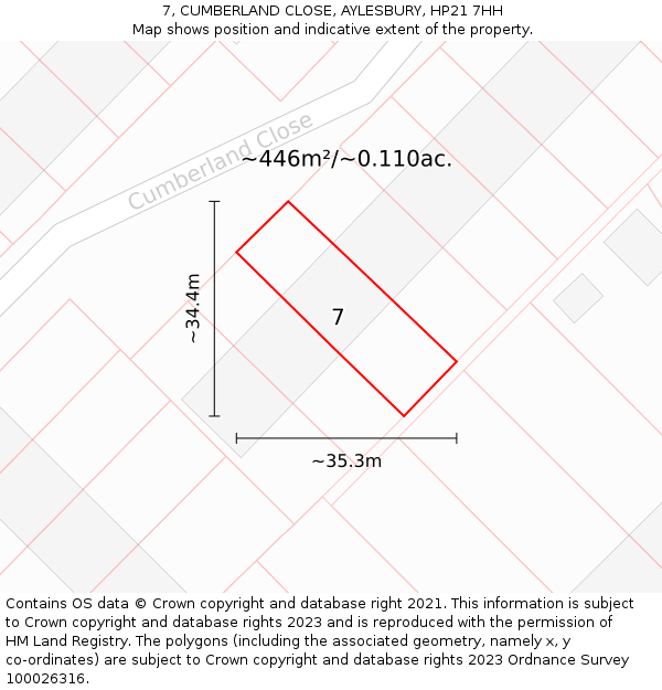 7, CUMBERLAND CLOSE, AYLESBURY, HP21 7HH: Plot and title map