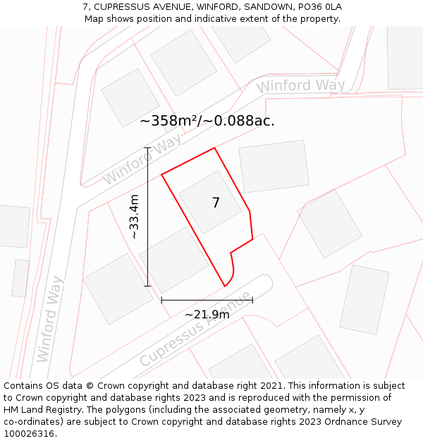 7, CUPRESSUS AVENUE, WINFORD, SANDOWN, PO36 0LA: Plot and title map