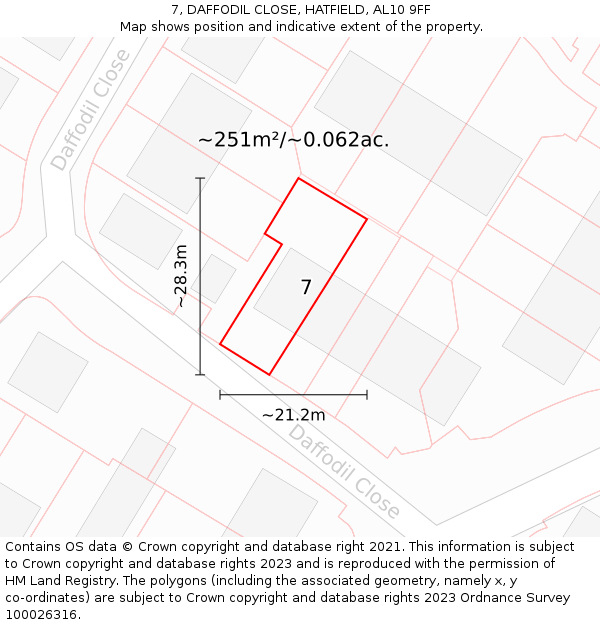 7, DAFFODIL CLOSE, HATFIELD, AL10 9FF: Plot and title map