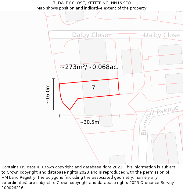 7, DALBY CLOSE, KETTERING, NN16 9FQ: Plot and title map