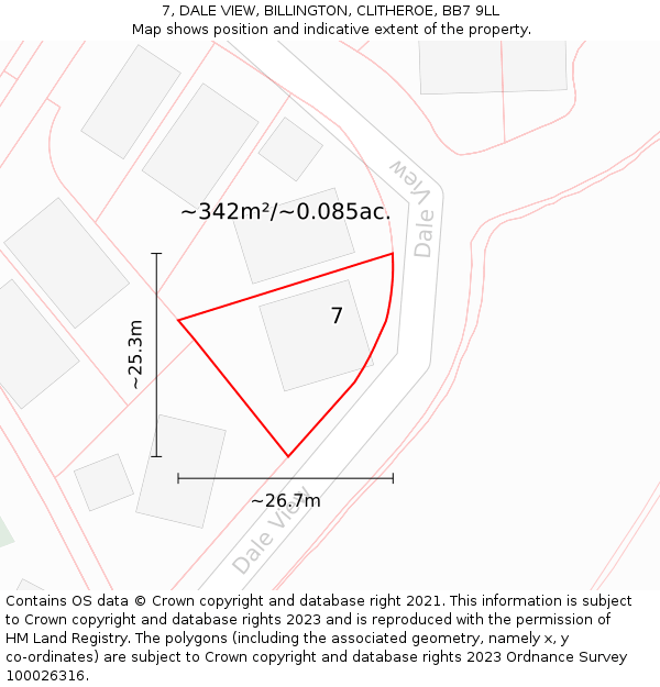 7, DALE VIEW, BILLINGTON, CLITHEROE, BB7 9LL: Plot and title map