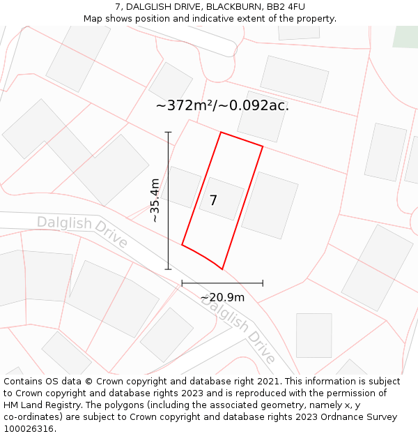 7, DALGLISH DRIVE, BLACKBURN, BB2 4FU: Plot and title map