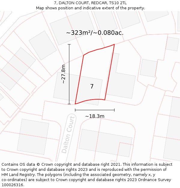 7, DALTON COURT, REDCAR, TS10 2TL: Plot and title map