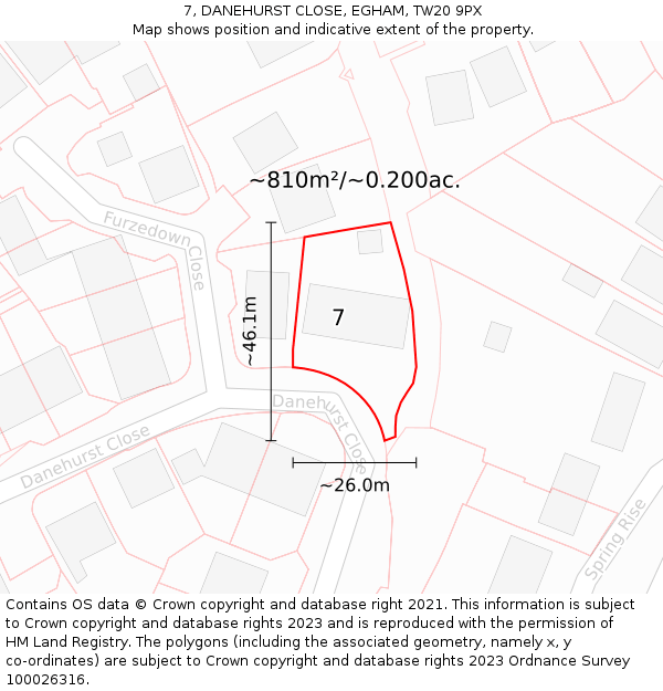 7, DANEHURST CLOSE, EGHAM, TW20 9PX: Plot and title map