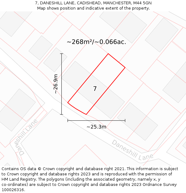 7, DANESHILL LANE, CADISHEAD, MANCHESTER, M44 5GN: Plot and title map