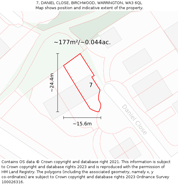 7, DANIEL CLOSE, BIRCHWOOD, WARRINGTON, WA3 6QL: Plot and title map