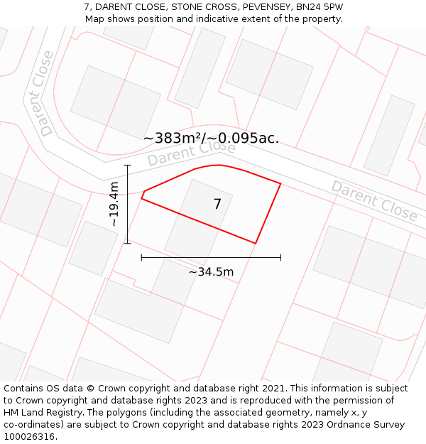 7, DARENT CLOSE, STONE CROSS, PEVENSEY, BN24 5PW: Plot and title map