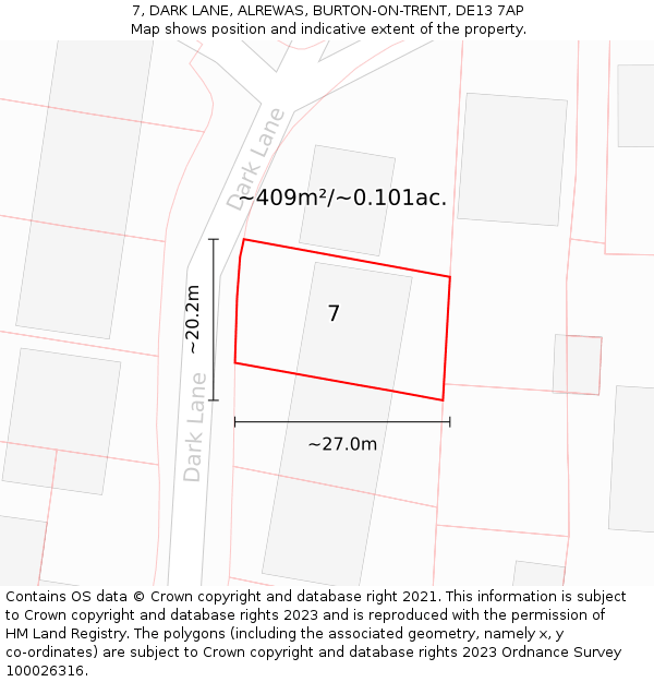 7, DARK LANE, ALREWAS, BURTON-ON-TRENT, DE13 7AP: Plot and title map