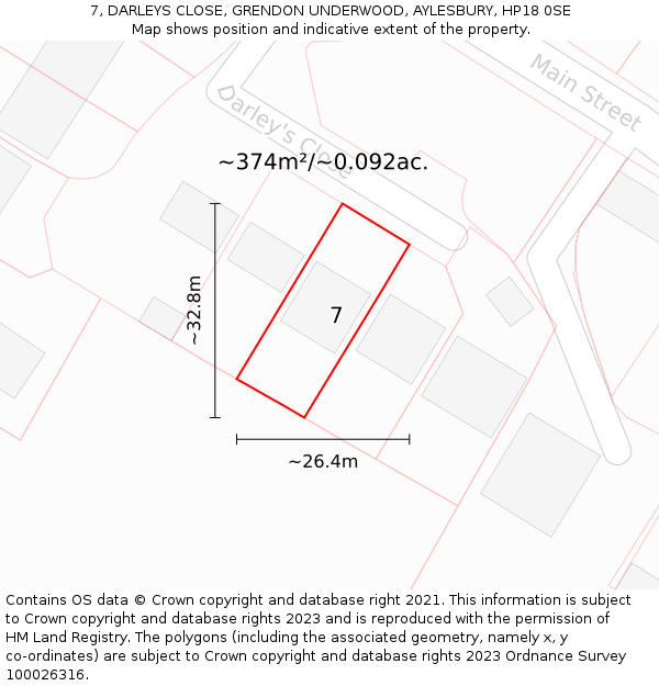 7, DARLEYS CLOSE, GRENDON UNDERWOOD, AYLESBURY, HP18 0SE: Plot and title map