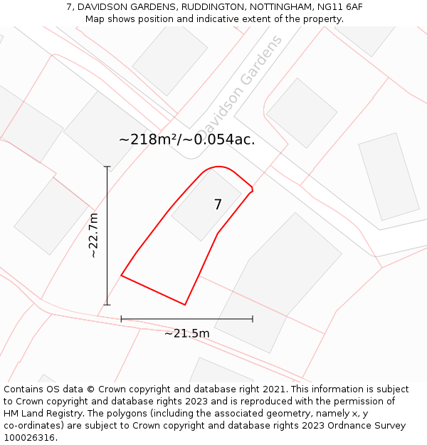 7, DAVIDSON GARDENS, RUDDINGTON, NOTTINGHAM, NG11 6AF: Plot and title map