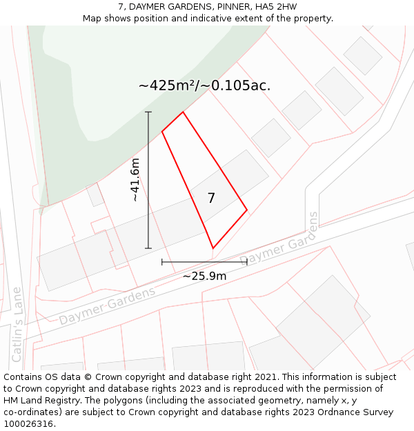 7, DAYMER GARDENS, PINNER, HA5 2HW: Plot and title map