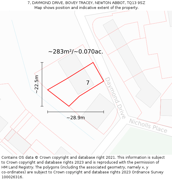 7, DAYMOND DRIVE, BOVEY TRACEY, NEWTON ABBOT, TQ13 9SZ: Plot and title map