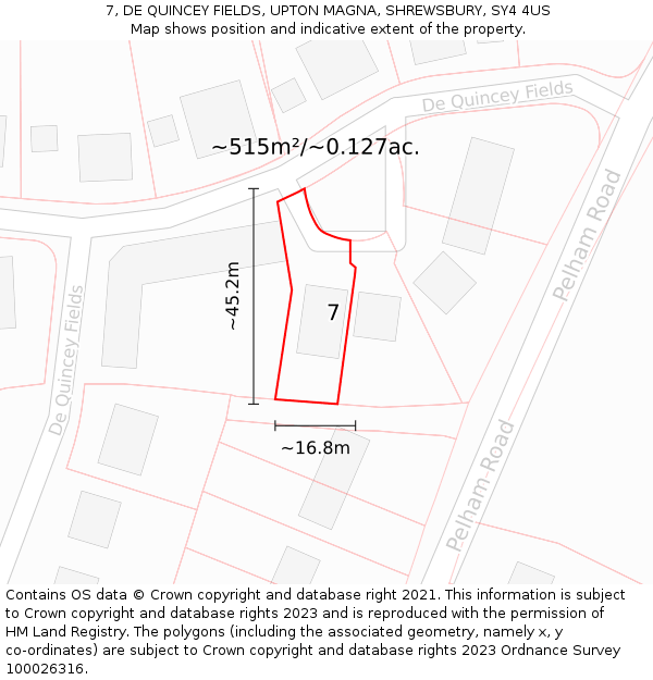 7, DE QUINCEY FIELDS, UPTON MAGNA, SHREWSBURY, SY4 4US: Plot and title map