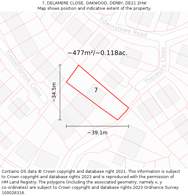 7, DELAMERE CLOSE, OAKWOOD, DERBY, DE21 2HW: Plot and title map