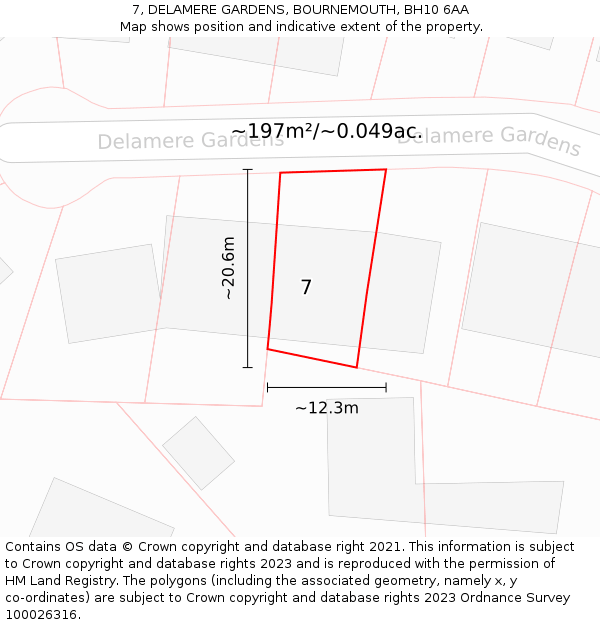 7, DELAMERE GARDENS, BOURNEMOUTH, BH10 6AA: Plot and title map