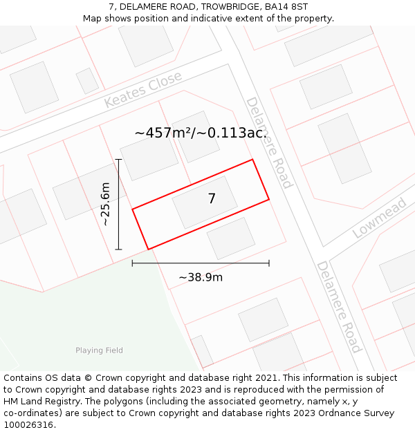 7, DELAMERE ROAD, TROWBRIDGE, BA14 8ST: Plot and title map