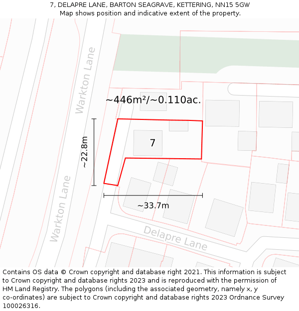 7, DELAPRE LANE, BARTON SEAGRAVE, KETTERING, NN15 5GW: Plot and title map