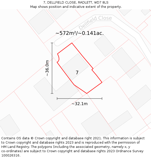 7, DELLFIELD CLOSE, RADLETT, WD7 8LS: Plot and title map