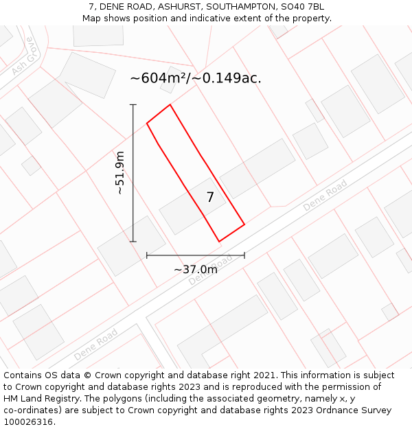 7, DENE ROAD, ASHURST, SOUTHAMPTON, SO40 7BL: Plot and title map