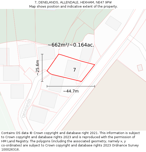 7, DENELANDS, ALLENDALE, HEXHAM, NE47 9PW: Plot and title map