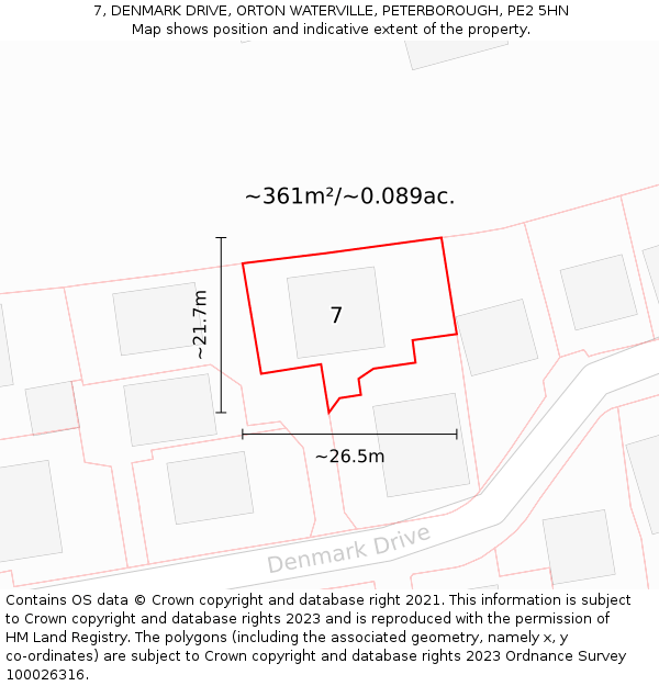 7, DENMARK DRIVE, ORTON WATERVILLE, PETERBOROUGH, PE2 5HN: Plot and title map