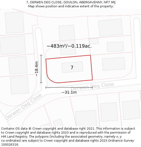 7, DERWEN DEG CLOSE, GOVILON, ABERGAVENNY, NP7 9RJ: Plot and title map