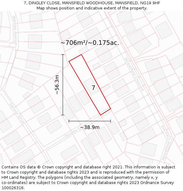 7, DINGLEY CLOSE, MANSFIELD WOODHOUSE, MANSFIELD, NG19 9HF: Plot and title map