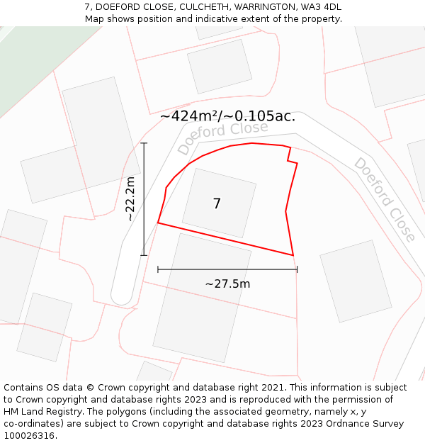 7, DOEFORD CLOSE, CULCHETH, WARRINGTON, WA3 4DL: Plot and title map