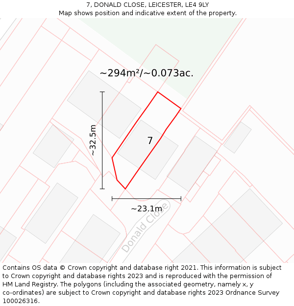 7, DONALD CLOSE, LEICESTER, LE4 9LY: Plot and title map