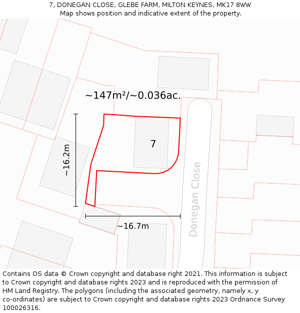 7, DONEGAN CLOSE, GLEBE FARM, MILTON KEYNES, MK17 8WW: Plot and title map