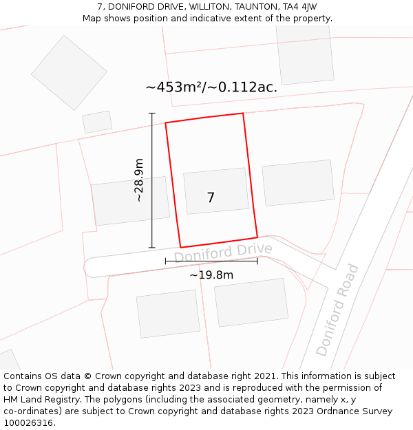 7, DONIFORD DRIVE, WILLITON, TAUNTON, TA4 4JW: Plot and title map