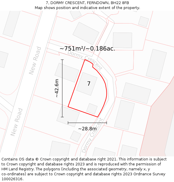 7, DORMY CRESCENT, FERNDOWN, BH22 8FB: Plot and title map