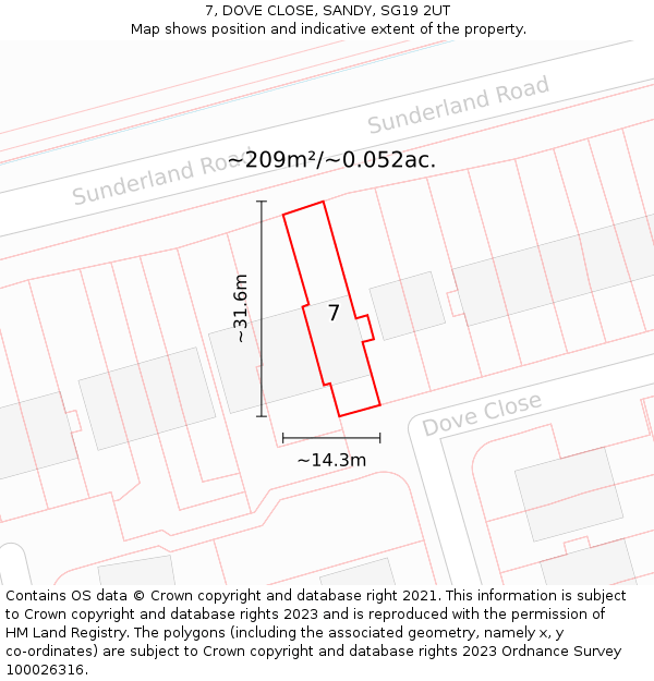 7, DOVE CLOSE, SANDY, SG19 2UT: Plot and title map