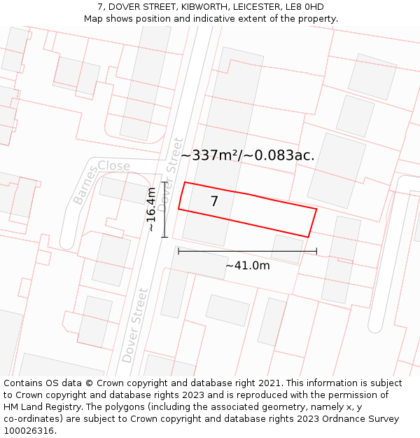 7, DOVER STREET, KIBWORTH, LEICESTER, LE8 0HD: Plot and title map