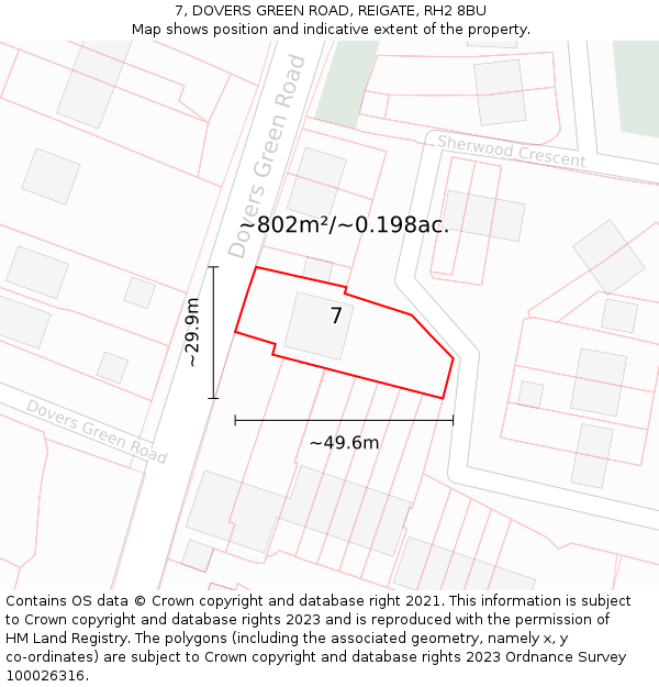 7, DOVERS GREEN ROAD, REIGATE, RH2 8BU: Plot and title map